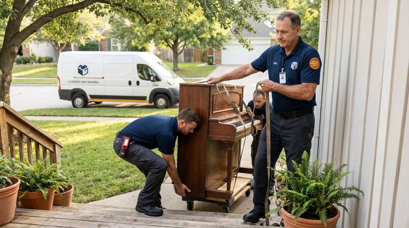 Licensed piano movers securing grand piano in Scobey, MT