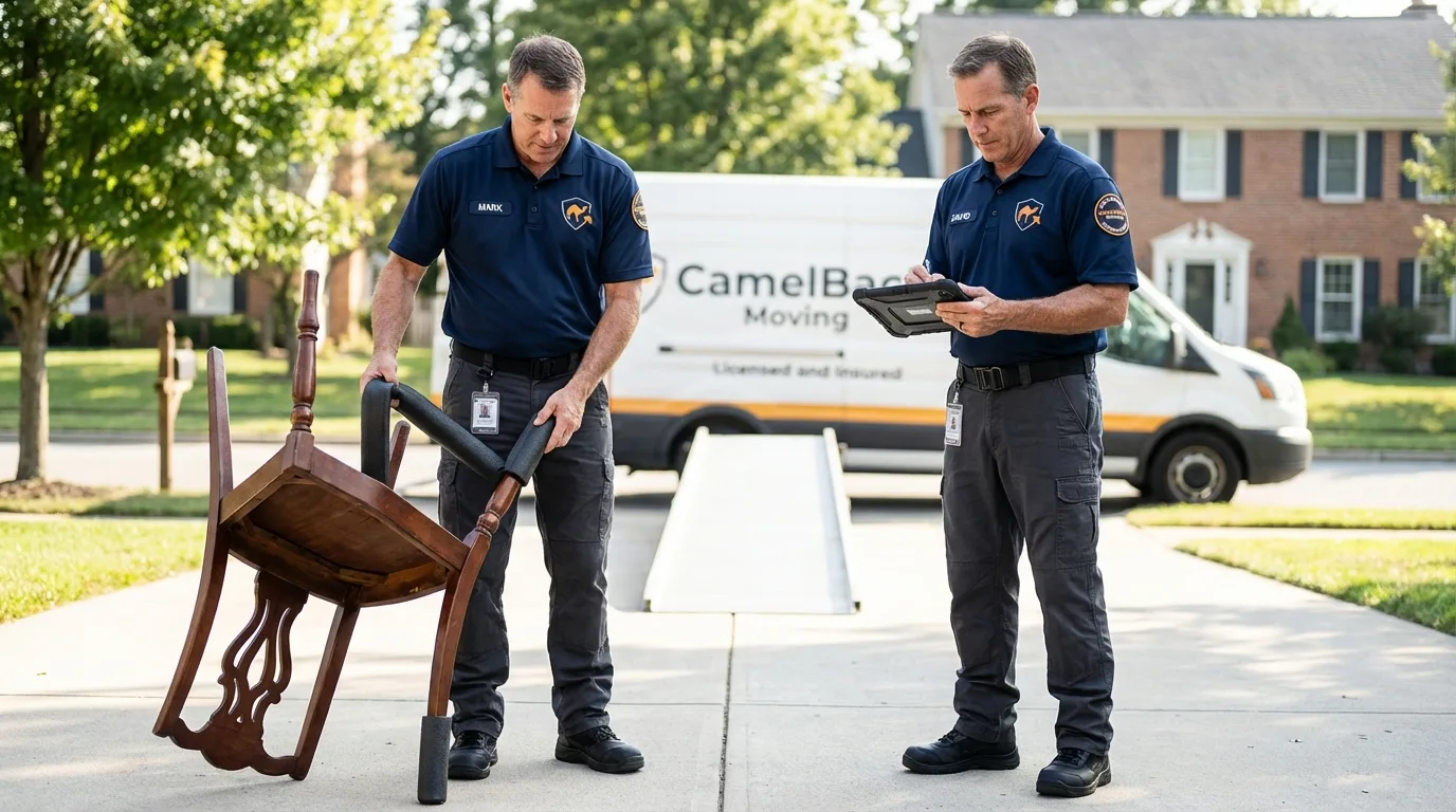 Movers inspecting furniture for damage prevention before loading in Scobey, MT