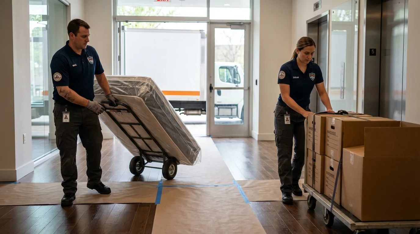 Professional apartment movers loading elevator in Scobey, MT