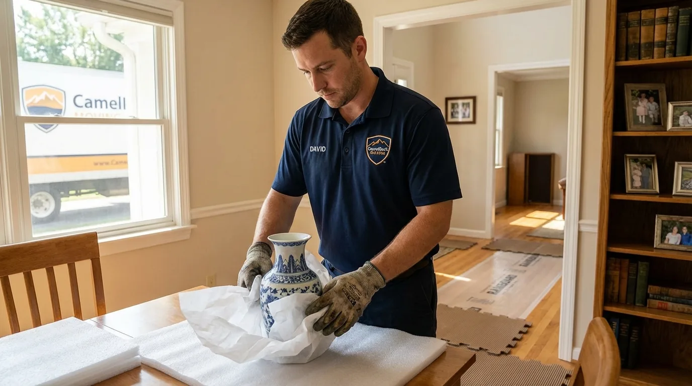 Professional crew carefully wrapping antique vase for senior downsizing move in Scobey, MT